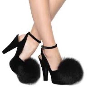 NEW Sonia Rykiel 120mm Velvet Sandals with Fox Fur Pom Pom